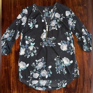 Rue21 Floral Zip-Neck Black Blouse